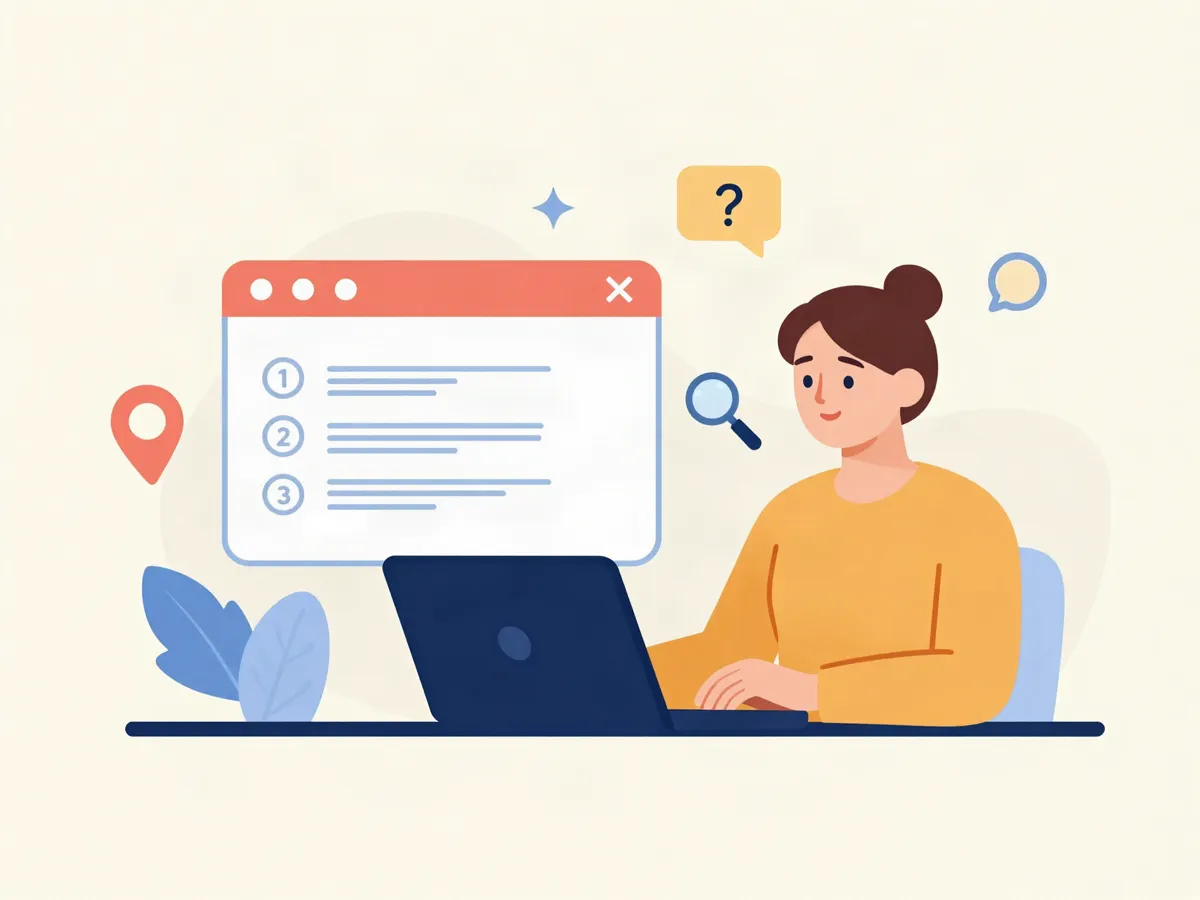 Il·lustració d'una persona a l'ordinador consultant la resposta d'un assistent d'IA amb una llista de recomanacions